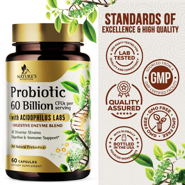 Probiotics for Women & Men - 60 Billion CFU 10 Strains + Prebiotics - Digestive Health, Gut & Immune Support - Support for Occasional Constipation, Gas & Bloating - Non-GMO Shelf Stable - 60 Capsules