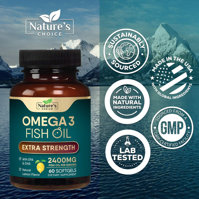 Omega 3 Fish Oil Supplement 2400 mg - Triple Strength EPA & DHA Fish Oil Omega 3, Essential Fatty Acids Supplement Softgels, Brain & Heart Health Support Supplements, Gluten Free Non-GMO, 60 Softgels