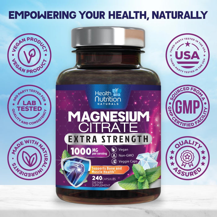 Magnesium Citrate Capsules 1000mg - Max Absorption Magnesium Powder for Muscle, Nerve, Bone and Heart Health Support, High Absorption Citrate Complex, Gluten Free, Non-GMO - 240 Capsules
