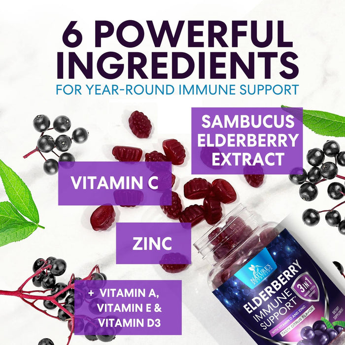 Sambucus Elderberry Immune Support Gummies for Kids & Adults, Elderberry Extract Gummy with Vitamins with Vitamin C, D3, Zinc, Immune Health Support Gummy Supplement, Black Elder Berry - 60 Gummies