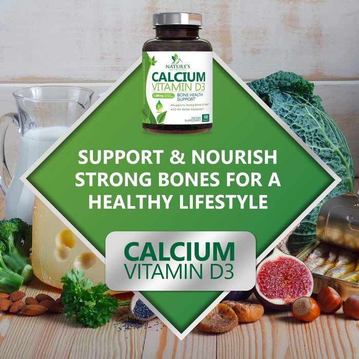 Calcium Supplement with Vitamin D - 1200 mg Calcium Carbonate with 1600 IU of D3 Vitamins - Supports Bone Strength, Teeth & Immune System - Natural & Easily Absorbable for Women & Men - 180 Tablets