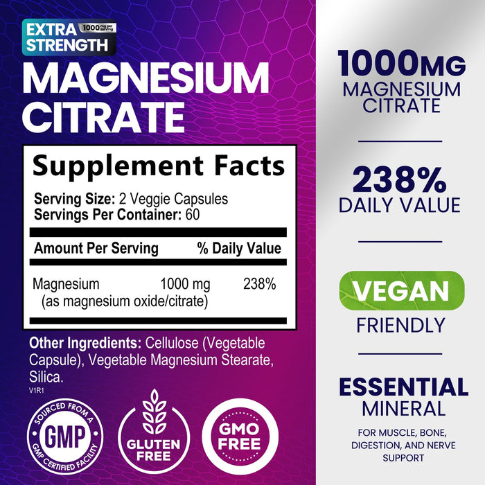 Magnesium Citrate Supplement 1000 mg for Best Absorption, Supports Bone, Heart Health, Nerves, Muscles, Metabolism & Calm, Nature's Pure Magnesio Vitamin Pills, Bottled in USA - 120 Capsules
