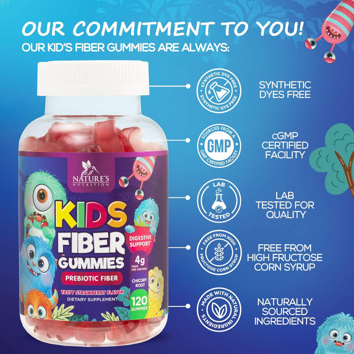 Fiber Gummies for Kids, Daily 4g Gummy Fiber Supplement, Prebiotic Digestive Health Support - Nature's Plant Based Soluble Fiber, Supports Regularity & Digestion for Kids Non-GMO - 120 Gummies
