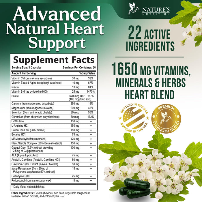 Heart Supplements for Men & Women 1650mg - Antioxidants for Heart Health Support with CoQ10, Hawthorn, Plant Sterol & More Vitamins to Support Nitric Oxide & Energy Production, Non-GMO - 60 Capsules