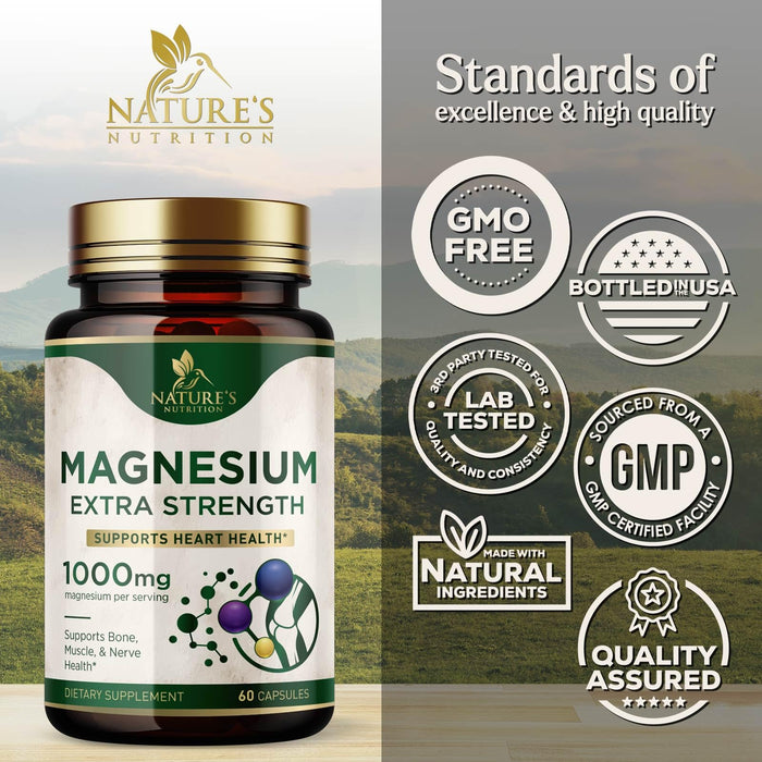 Magnesium Supplement (Citrate Oxide) 1000mg for Best Absorption, Supports Bone, Heart Health, Nerves, Muscles & Metabolism, Nature's Pure Magnesio Vitamin Pills, Bottled in USA, 60 Capsules
