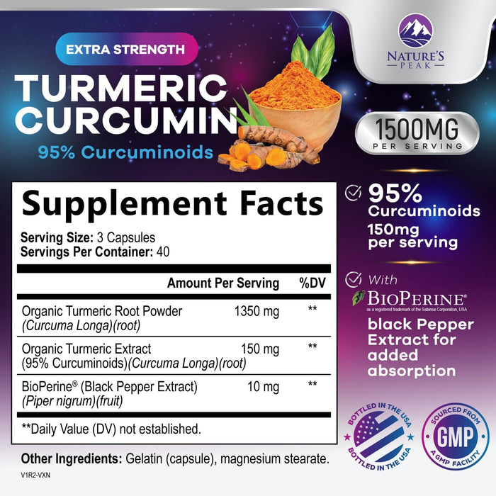 Turmeric Curcumin Supplement with BioPerine 95% Curcuminoids 1500mg with Black Pepper for Best Absorption - Best Natural Vegan Joint Support - Bottled in USA, Non-GMO, Organic Tumeric - 120 Capsules