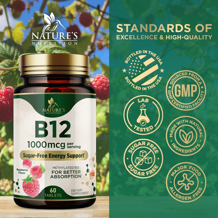 Vitamin B12 (Methylcobalamin) 1000 mcg - Chewable Tablet for Energy, Nervous System & Brain Support - Maximum Strength, Fast Dissolve, Vegan, Gluten-Free, Non-GMO for Women & Men - 60 Tablets