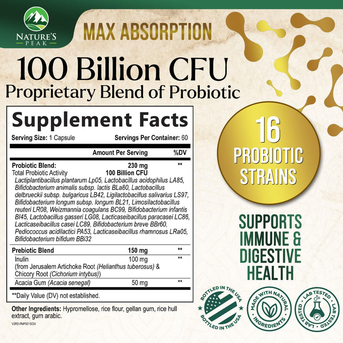 Probiotics for Women's Digestive Health - 100 Billion CFU, 16 Strains with Prebiotics, Supports Immune, Gut Health, PH, Gas & Bloating, Best Probiotic for Women & Men, Shelf Stable - 60 Capsules