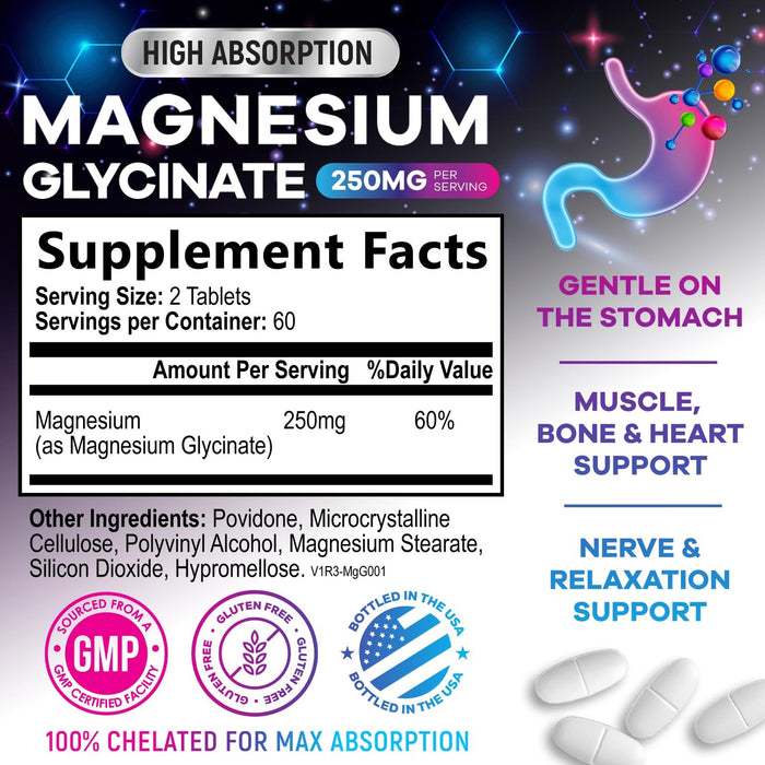 Magnesium Glycinate Chelated for Max Absorption - Supports Bone, Muscle, Nerves & Heart Health, Nature's Sleep and Stress Support, Best Magnesium Supplement Pills for Whole Body Support - 120 Tablets