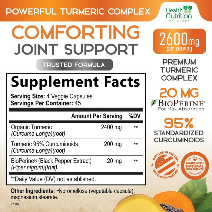 Turmeric Curcumin Supplement 2600mg - 95% Curcuminoids with Organic Turmeric & BioPerine Black Pepper for Best Absorption, Nature's Vegan Joint Support, Non-GMO Tumeric, Bottled in USA - 180 Capsules