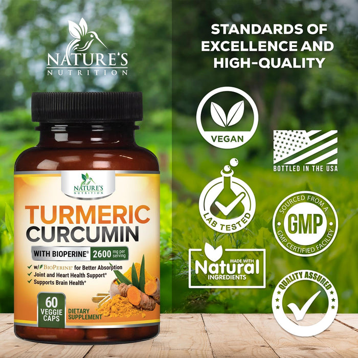 Turmeric Curcumin Supplement with BioPerine 95% Curcuminoids 2600mg with Black Pepper for Best Absorption, Bottled in USA, Best Natural Vegan Joint Support, Nature's Non-GMO Tumeric - 60 Capsules
