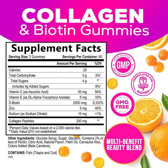 Collagen Gummies with 2500mcg Biotin, Vitamin C & Zinc - Hydrolyzed Collagen Peptide Type 1 & 3 Supplement - Advanced Hair, Skin & Nail Growth Support for Women & Men, Gluten Free, Non-GMO - 120 Count