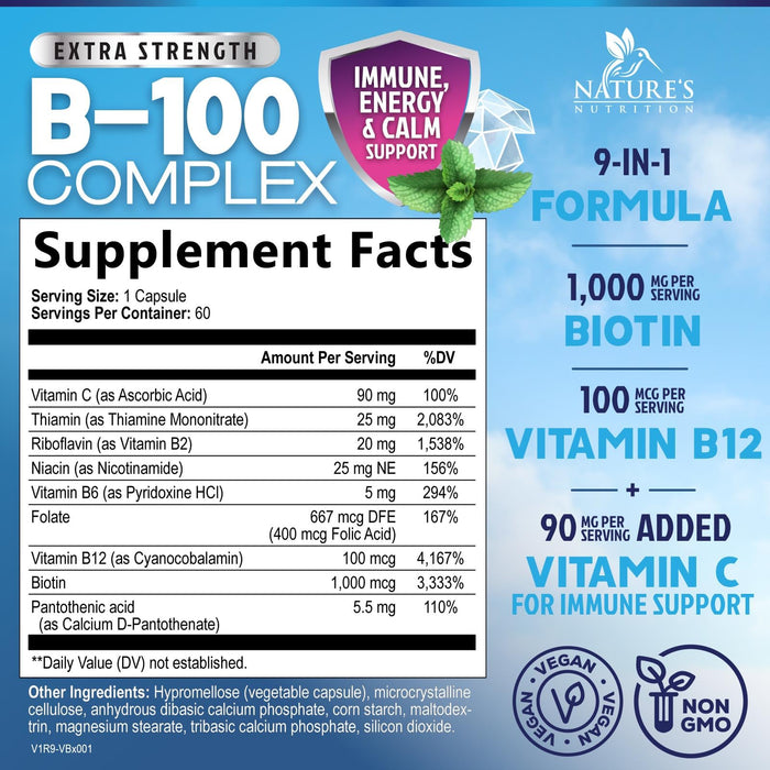 B Complex Vitamins Capsules with Vitamin B6 B12 B100 C Biotin Folate & Folic Acid – 60 Capsules