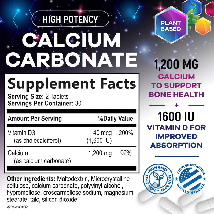 Calcium 1200 mg with Vitamin D3, Calcium Supplement Vitamins, Bone, Teeth & Immune Health Support, Calcium Supplements with D for Women & Men, Nature's Absorbable Calcium Carbonate - 60 Tablets
