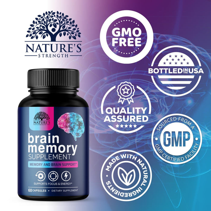 Brain Memory Supplement Pills - Nootropics Support for Concentration, Clarity, Alertness & Focus - Brain Health with Bacopa, Cognitive Vitamins, Phosphatidylserine, DMAE - Brain Booster - 60 Capsules