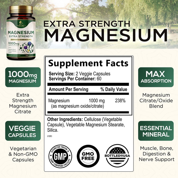 Magnesium Supplement (Citrate Oxide) 1000mg for Best Absorption, Supports Bone, Heart Health, Nerves, Muscles & Metabolism, Nature's Pure Magnesio Vitamin Pills, Bottled in USA, 120 Capsules