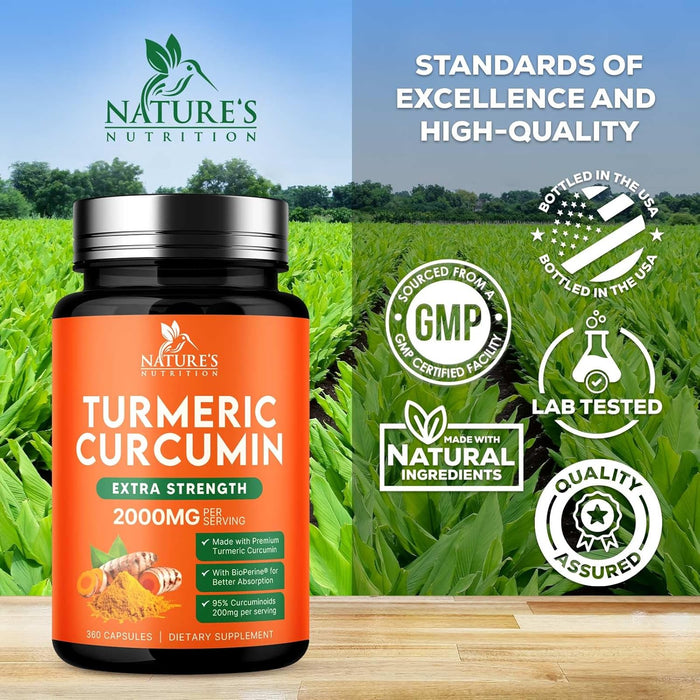 Turmeric Curcumin Supplement 2000mg - Nature's Joint & Immune Support, Organic Tumeric & BioPerine Black Pepper for Best Absorption with 95% Curcuminoids, Non-GMO, Bottled USA - 360 Count