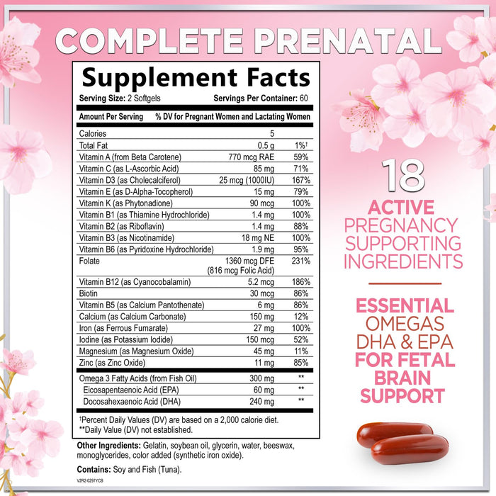 Prenatal Vitamins For Women With Folic Acid, DHA & Iron - Women's Prenatal Multivitamin, Essential Pre Natal Vitamins with Folate, Omega 3, D3, B12, Pregnancy Supplement for Mom & Baby - 120 Softgels