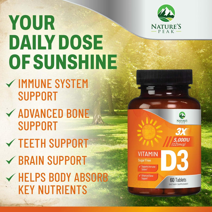 Vitamin D3 5000iu (125 mcg) Immune Health Support - High Potency Vitamin D Dietary Supplement for Bone, Teeth, Muscle - Nature's VIT D, Vegan, Gluten Free, Raspberry Flavor - 60 Chewable Tablets