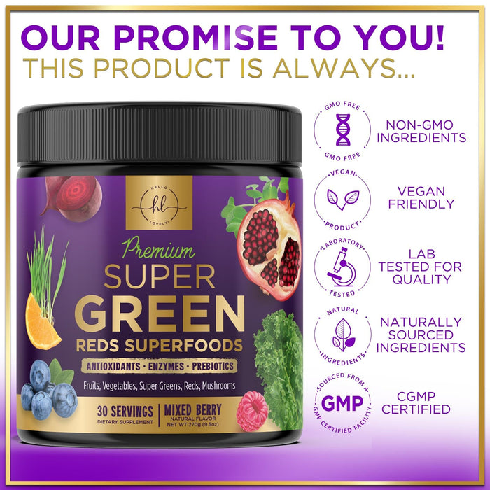 Super Green Powder Superfood - Spirulina, Chlorella & Digestive Enzymes, Red & Greens Powder, 20+ Amazing Superfoods Support Energy & Digestion, Antioxidant Green Blend, Vegan & Non-GMO - 30 Servings