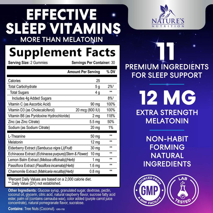 Sleep Gummies with Melatonin 12 mg - Extra Strength Sleep Vitamin Gummy, Natural Melatonin Gummy, Occasional Sleep Support Supplement for Adults, Vegan, Non-GMO, Gomitas para Dormir - 60 Gummies