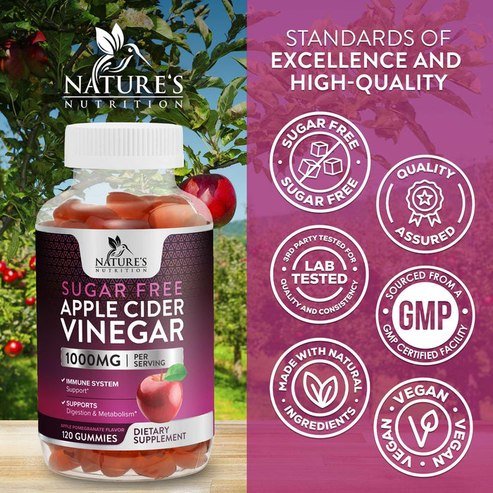 Apple Cider Vinegar Gummies for Weight Loss 1000mg - Vegan Apple Vinegar Gummy for Detox & Cleanse, ACV Supplement Pills, Vitamin B12, Sugar Free ACV Gummy, Non-GMO, Nature's Nutrition - 120 Gummies