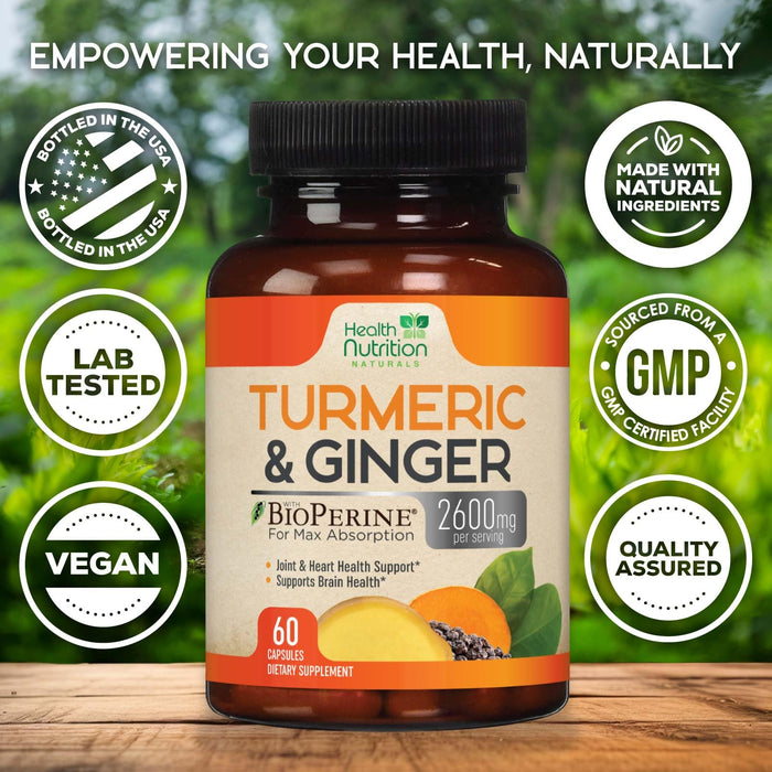 Turmeric Curcumin Supplement 2600mg - with Organic Ginger & Turmeric, 95% Curcuminoids, BioPerine Black Pepper for Best Absorption, Nature's Vegan Joint Support, Non-GMO, Bottled in USA - 60 Capsules