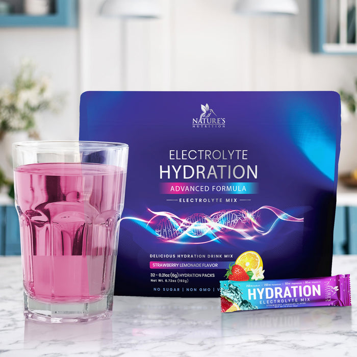 Hydration Electrolyte Packets - Daily Liquid Replenisher Powder - Electrolyte Multiplier with Minerals, Potassium & Real Salt - Vegan, Non-GMO - Tasty Lemon Flavor Hydration Electrolytes - 32 Servings