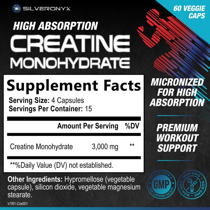 Creatine Monohydrate Capsules 3000mg - Micronized Creatine Nutritional Supplement - Lean Muscle Growth, Workout Performance, Energy & Endurance Support - 750mg per High Absorption Capsule - 60 Count