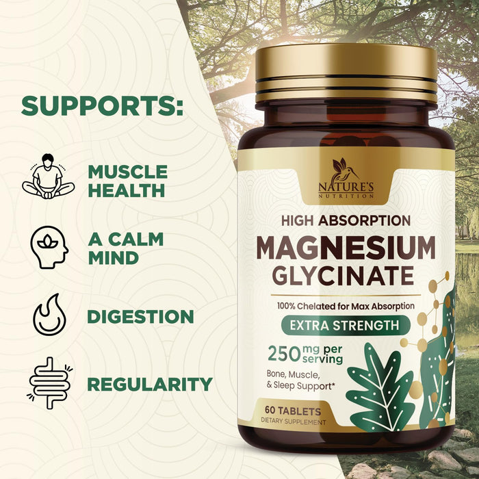 Magnesium (Glycinate) - Magnesium Supplement for Heart Health, Nerve, Muscle, Bone, and Sleep Support - 100% Chelated & High Absorption - 250 mg per Serving - Gluten Free, Vegan, Non-GMO - 60 Count