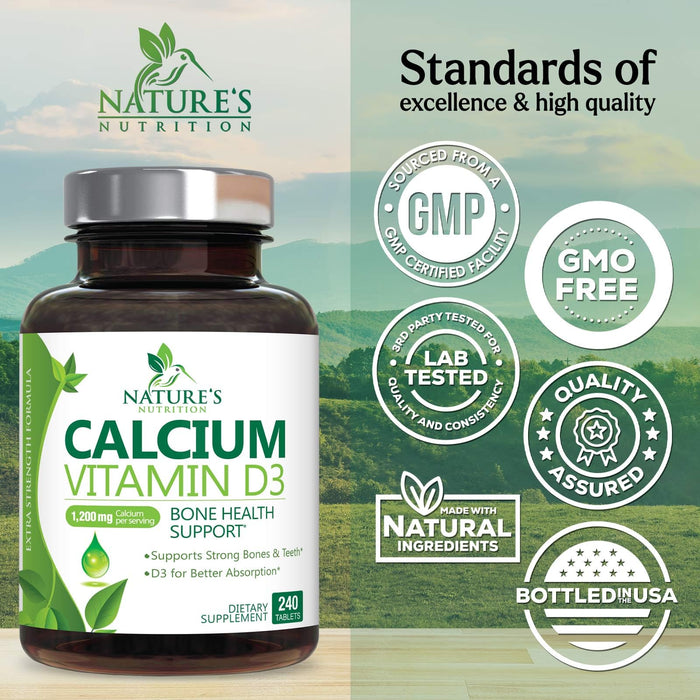 Calcium Supplement with Vitamin D - 1200 mg Calcium Carbonate with 1600 IU of D3 Vitamins - Supports Bone Strength, Teeth & Immune System - Natural & Easily Absorbable for Women & Men - 240 Tablets