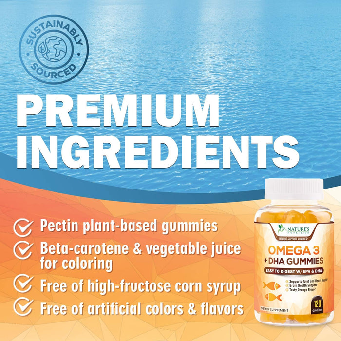 Omega 3 Fish Oil Gummies, Heart Healthy Omega 3 Gummy Supplement with High Absorption DHA & EPA, Extra Strength Joint & Brain Support, Delicious Orange Flavor Fish Oil Nature's Vitamin - 120 Gummies