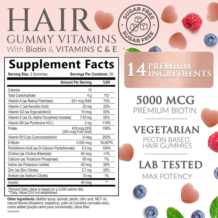Sugar Free Hair Vitamins Gummies with Biotin 5000 mcg, Vitamin A, B12, C, D, E, Folic Acid, Supports Hair Growth Gummy, Vegetarian Friendly, Supports Strong Beautiful Hair and Nails - 60 Gummies