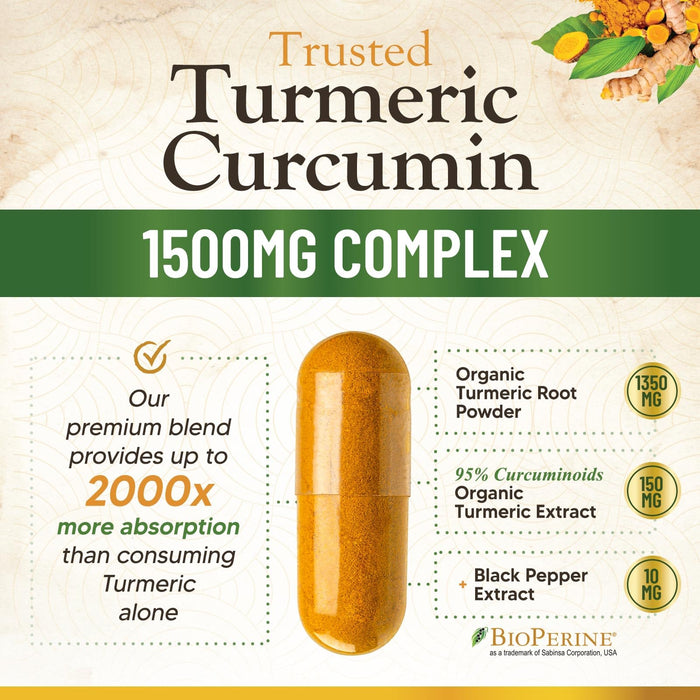 Turmeric Curcumin Supplement 1500mg - Organic Tumeric & BioPerine Black Pepper for Best Absorption with 95% Curcuminoids, Nature's Joint & Immune Support, Non-GMO, Bottled in USA - 360 Capsules