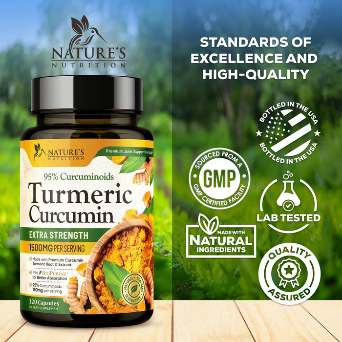 Turmeric Curcumin Supplement 1500mg - Organic Tumeric & BioPerine Black Pepper for Best Absorption with 95% Curcuminoids, Nature's Joint & Immune Support, Non-GMO, Bottled in USA - 120 Capsules