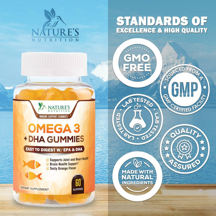 Omega 3 Fish Oil Gummies, Heart Healthy Omega 3 Gummy Supplement with High Absorption DHA & EPA, Extra Strength Joint & Brain Support, Delicious Orange Flavor Fish Oil Nature's Vitamin - 60 Gummies