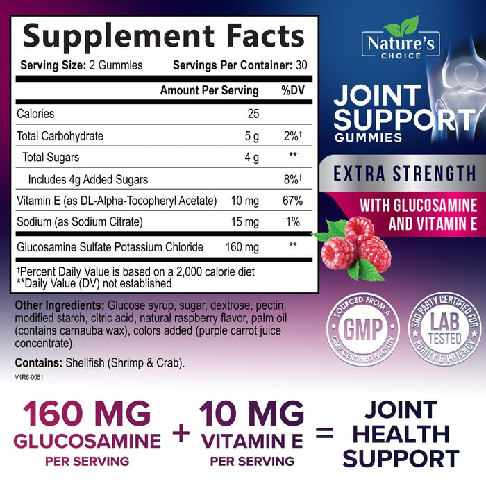 Joint Support Gummies Extra Strength Glucosamine Gummy Supplement with Vitamin E - Natural Cartilage & Joint Health & Flexibility Support, Best Support Glucosamine Chew for Men & Women - 60 Gummies