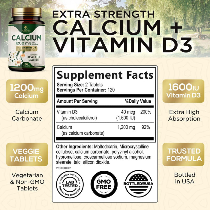Calcium 1200 mg with Vitamin D3, Calcium Supplement Vitamins, Supports Bone Strength, Teeth & Immune System, Calcium Supplements for Women & Men, Nature's Absorbable Calcium Carbonate - 240 Tablets