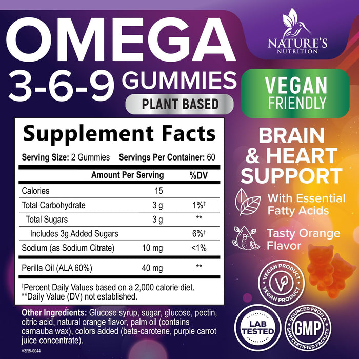 Omega 3 6 9 Vegan Gummies - Triple Strength Omega 3 Supplement Gummy - Essential Oil 369 Heart Support and Brain Support for Women, Men & Pregnant Women, Non-GMO, Orange Flavor - 120 Gummies