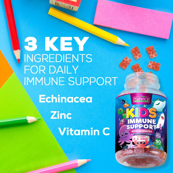 Kids Immune Support Supplement Gummies - Daily Childrens Vitamins C, Zinc & Echinacea - Gummy for Kids Immunity Support, Ages 4 and Up, Natural Berry Flavor, Non-GMO, Gluten-Free & Vegan - 90 Gummies
