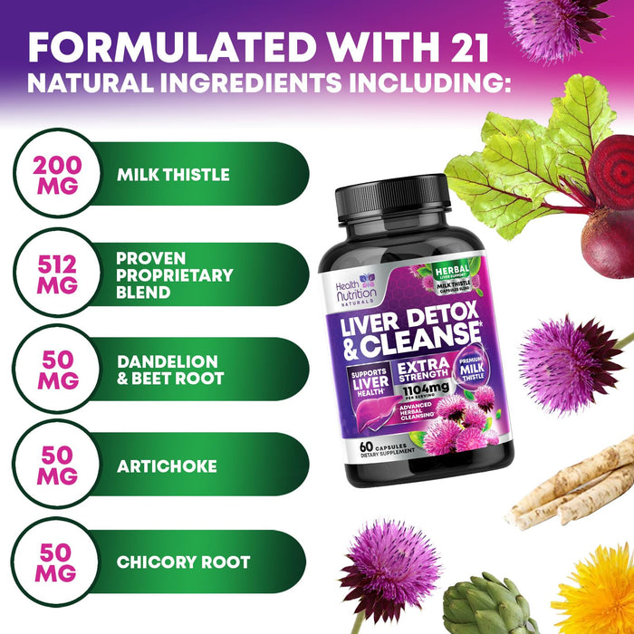 Gentle Liver Cleanse Detox & Repair Formula - Herbal Liver Support Supplement: Milk Thistle with Silymarin, Artichoke Extract, Dandelion, Beet, Chicory Root, & Turmeric for Liver Health - 60 Capsules