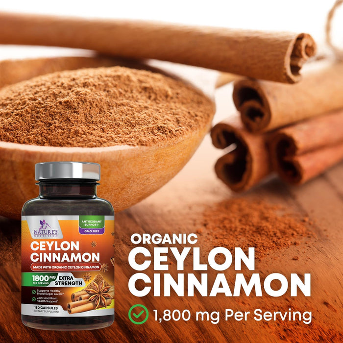 Organic Ceylon Cinnamon Supplement 1800mg - Certified Organic Ceylon Cinnamon Powder Pills - Energy & Heart Support for Women & Men, Bottled in USA, Antioxidant, Gluten Free, Non-GMO - 180 Capsules