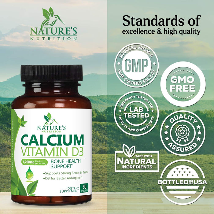 Calcium Supplement with Vitamin D - 1200 mg Calcium Carbonate with 1600 IU of D3 Vitamins - Supports Bone Strength, Teeth & Immune System - Natural & Easily Absorbable for Women & Men - 60 Tablets