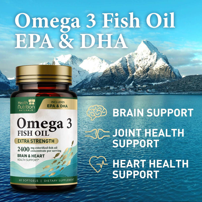 Omega 3 Fish Oil Triple Strength 1200 mg, Omega-3 Supplements, Natural Brain Heart Health & Immune Support - Fatty Acids with EPA & DHA - Wild Caught Purified Fish Oil Supplement - 60 Softgels