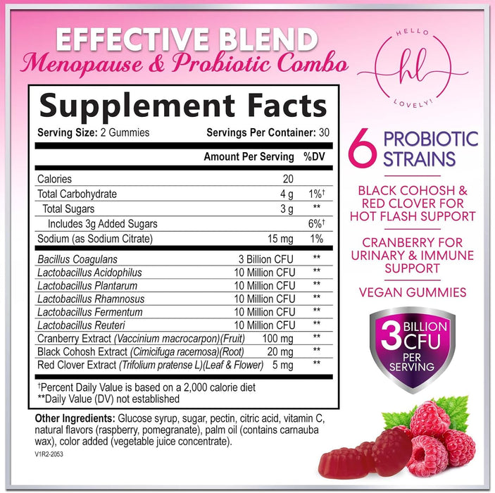 Menopause Supplements for Women Gummies with Black Cohosh, Cranberry 3 Billion CFU Probiotics - Complete Menopause Balance Relief for Hot Flashes, Night Sweats, PH, Vaginal Health Support - 60 Gummies