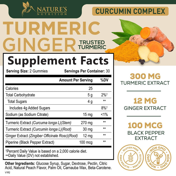 Turmeric and Ginger Gummies - Vegan Turmeric Curcumin Gummies with Black Pepper Extract for High Absorption, Nature's Curcumin Gummy for Joint Support Supplement, Non-GMO, Gluten Free - 60 Count