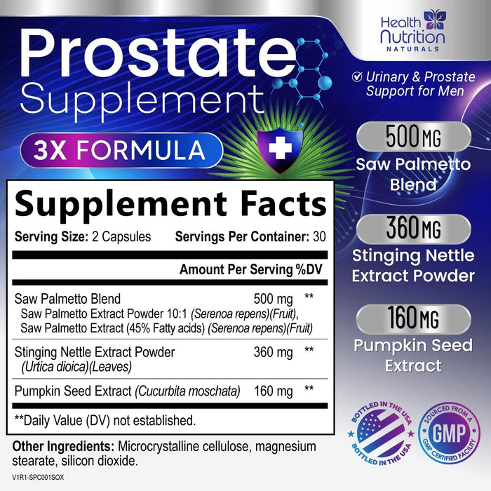 Prostate Health Supplements for Men - Potent 3X Formula with Saw Palmetto, Stinging Nettle, Pumpkin Seed Extract, Bottled in USA, Prostate Supplement for Urinary Support, Vegan, Non-GMO, 60 Capsules