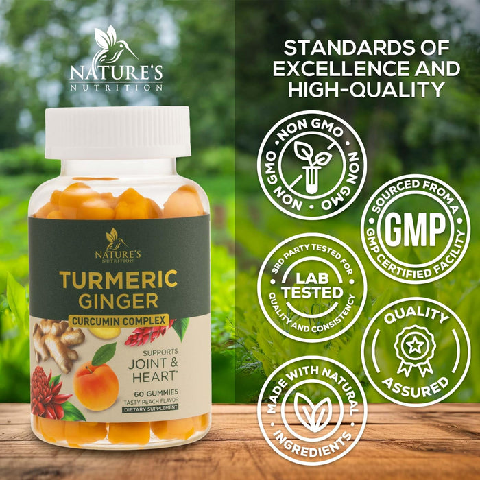 Turmeric and Ginger Gummies - Vegan Turmeric Curcumin Gummies with Black Pepper Extract for High Absorption, Nature's Curcumin Gummy for Joint Support Supplement, Non-GMO, Gluten Free - 60 Count