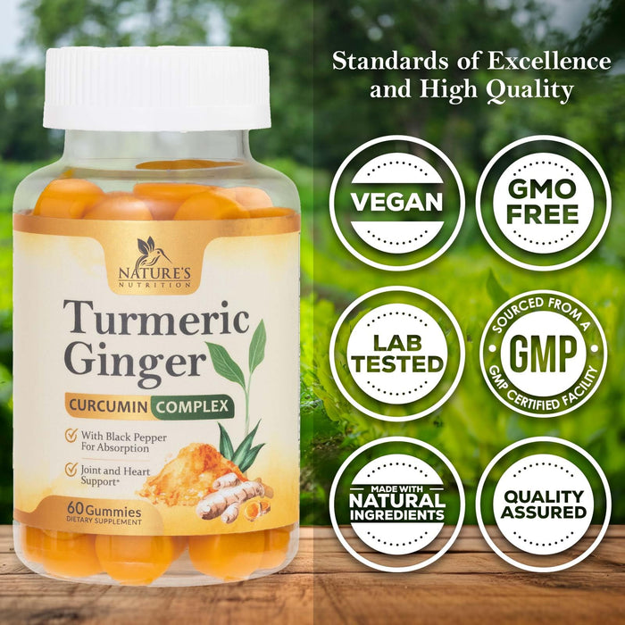 Turmeric Gummies with Black Pepper & Ginger for Best Absorption, 95% Curcuminoids Tumeric Curcumin Gummy, Nature's Herbal Extract Joint Support Supplement, Vegan Non-GMO, Peach Flavor - 60 Gummies