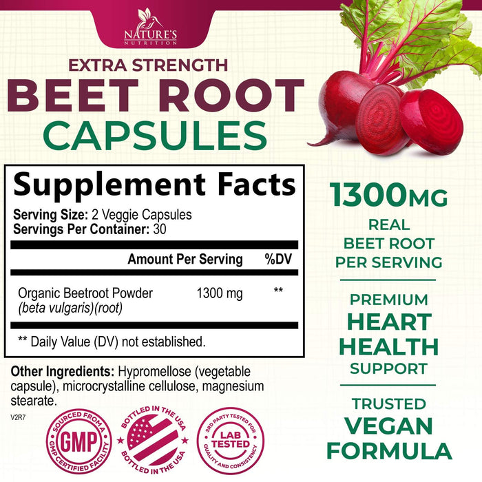 Beet Root Capsules 1300mg - Extra Strength Red Beetroot Powder Supplement – Supports Nitric Oxide Production, Heart Health & Natural Energy – Non-GMO, Vegan, Gluten Free – 60 Veggie Capsules
